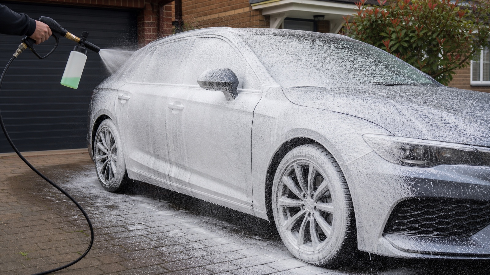 White snow foam being applied to a stationary car as a touch-free pre-wash