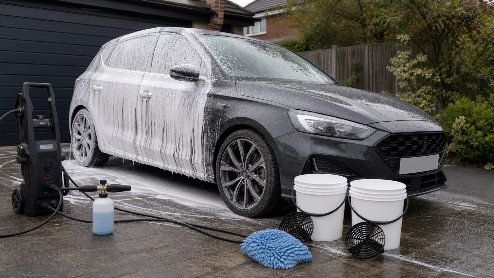 Car wash setup showing a foam-lance pre-wash and a clean bucket with microfibre wash mitt for the shampoo stage