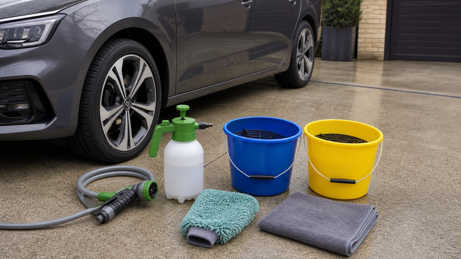 Hose, pump sprayer, two buckets and clean wash mitt arranged for a car wash without a pressure washer