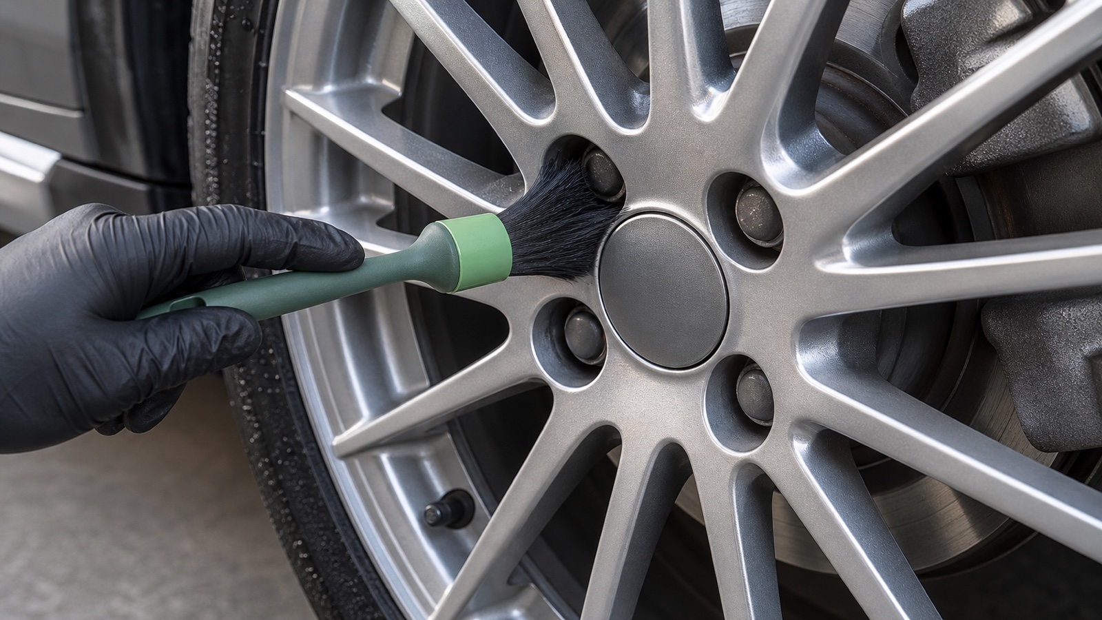 Small soft detailing brush cleaning wheel nut recesses and tight gaps in a multi-spoke alloy wheel
