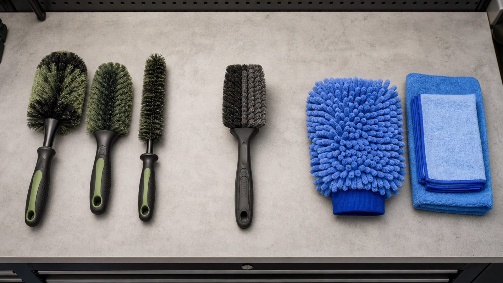 Separate colour-coded wheel, tyre and bodywork cleaning tools arranged in three groups