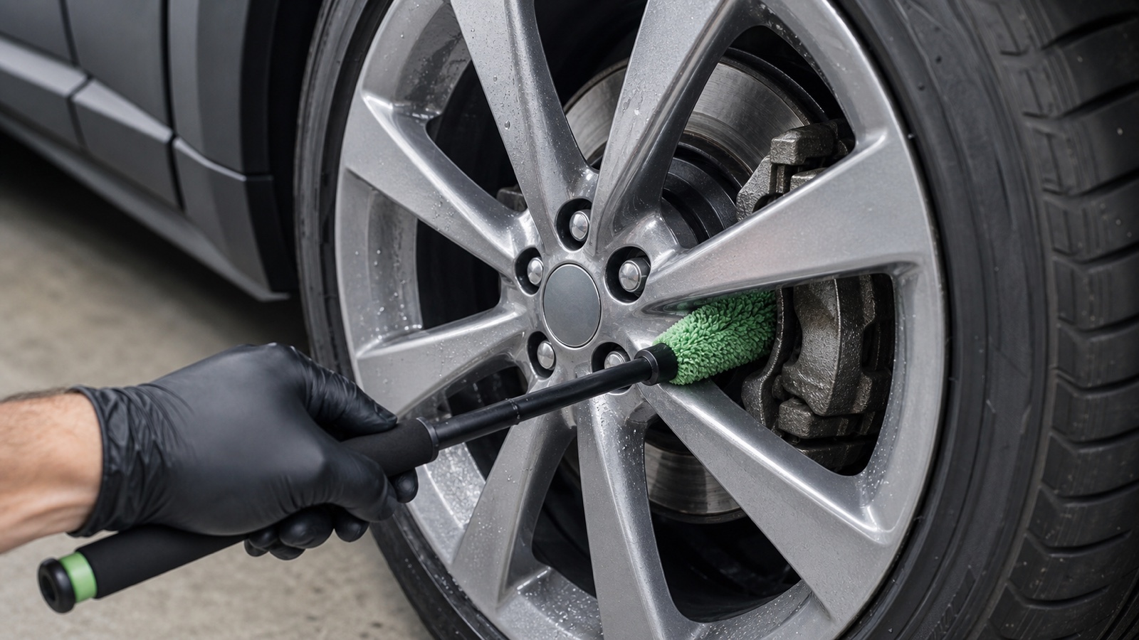 Long soft wheel barrel brush reaching through alloy wheel spokes toward the inner barrel