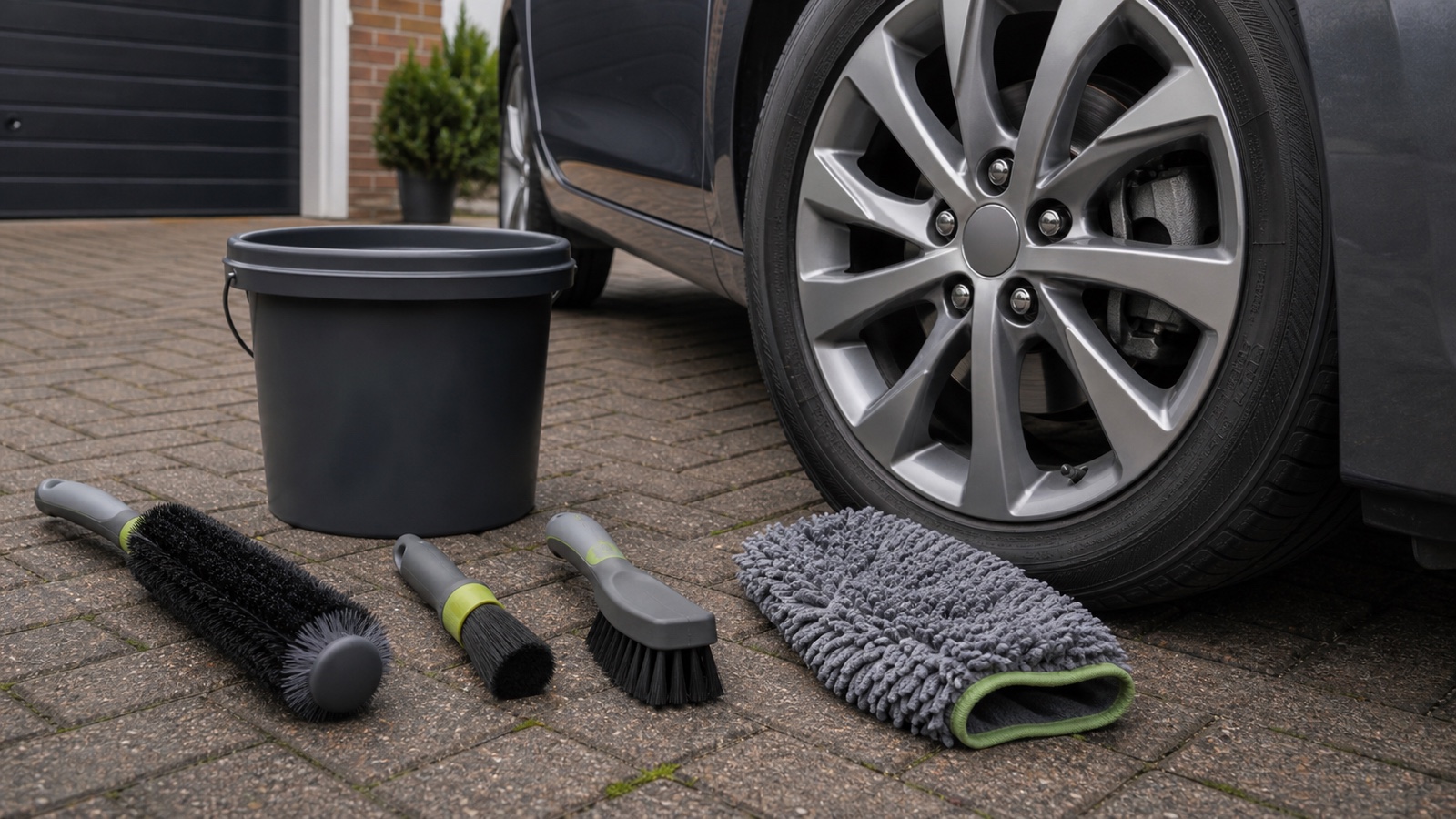 Wheel cleaning brush kit with soft barrel brush, detailing brush, tyre brush and microfibre mitt beside an alloy wheel