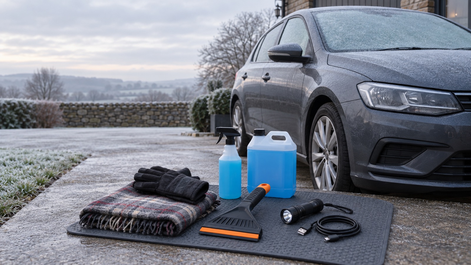 Ice scraper, de-icer, screenwash, torch and warm clothing laid out for a winter car kit