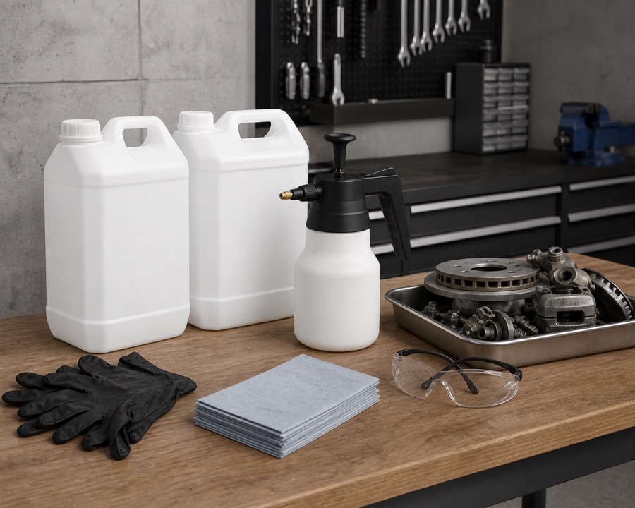 Blank five litre brake cleaner containers with pump sprayer, gloves, cloths and metal brake parts on a ventilated workshop bench