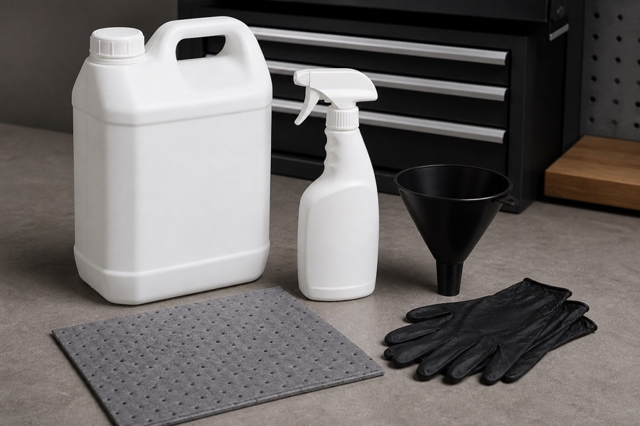 Five litre cleaner container beside a blank refill bottle, funnel, gloves and absorbent mat on a workshop bench