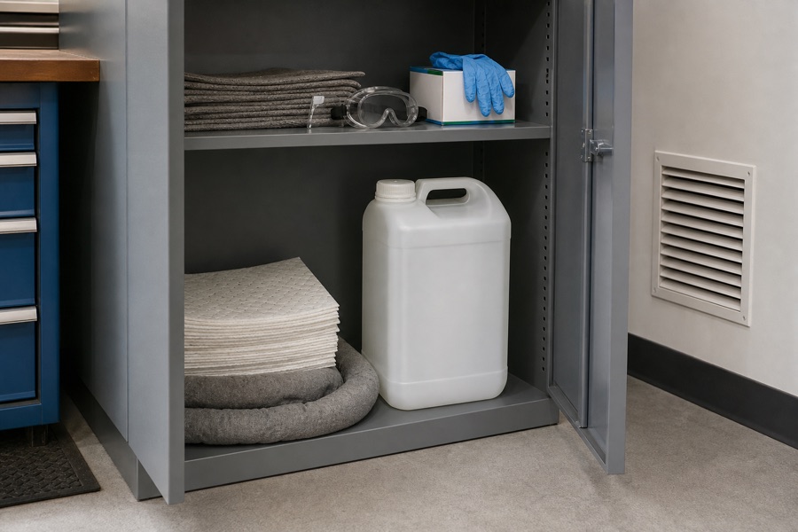 Capped five litre cleaner container stored upright with gloves, safety glasses and absorbent materials in a tidy ventilated workshop area