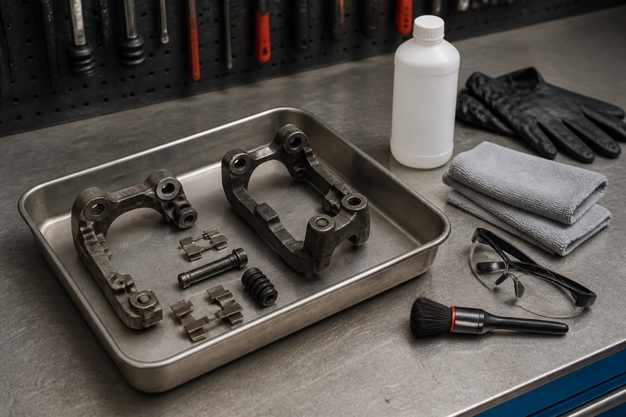 Removed metal brake components arranged in a cleaning tray with brush, cloths, gloves and blank cleaner bottle nearby