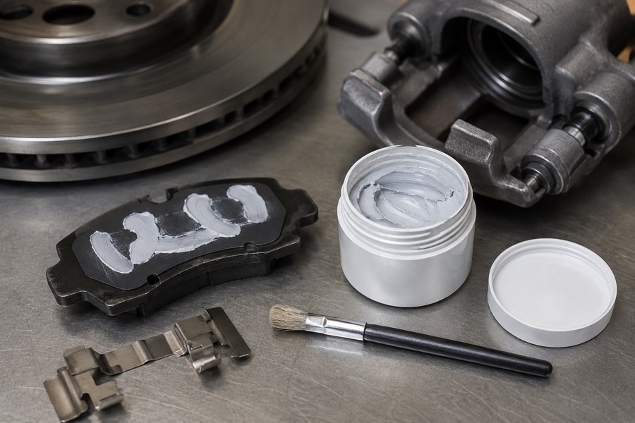 Anti-squeal paste and brush shown beside brake hardware away from friction surfaces