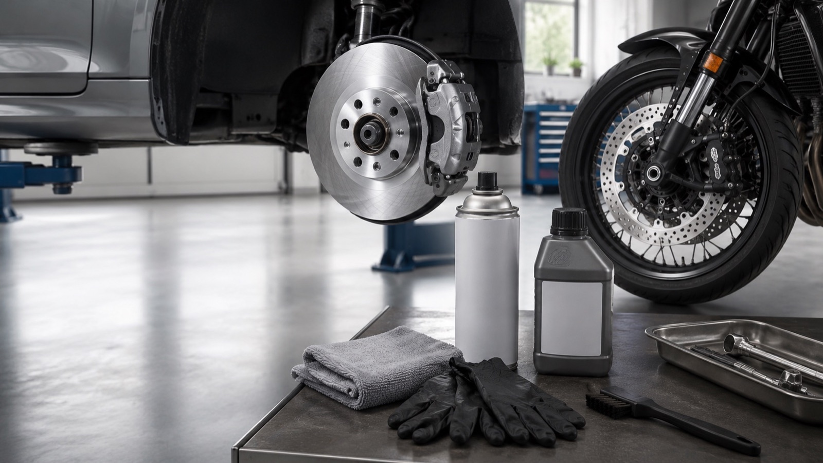 Brake care products arranged beside car and motorbike brake components in a clean workshop