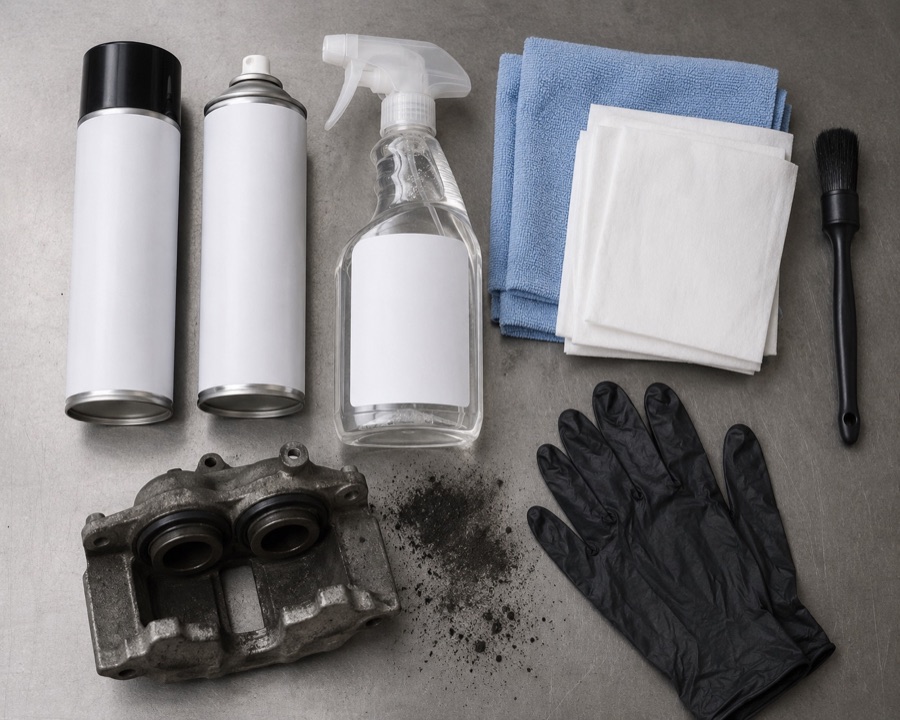 Brake and clutch cleaner, degreaser, gloves, cloths, and brushes arranged on a workshop bench