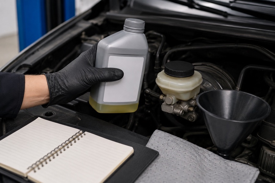 Brake fluid bottle and reservoir cap being checked against vehicle requirements in a workshop