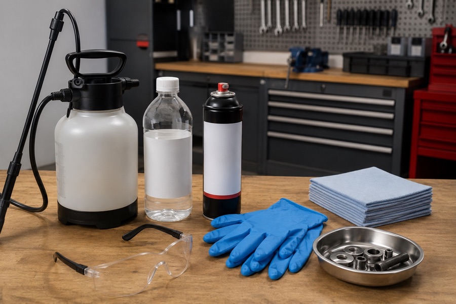 Brake care sprayer, blank solvent bottle, gloves, safety glasses, cloths, and workshop tools on a bench