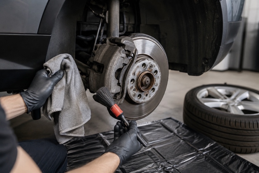 Brake caliper and wheel-area parts being cleaned carefully with cloth and brush