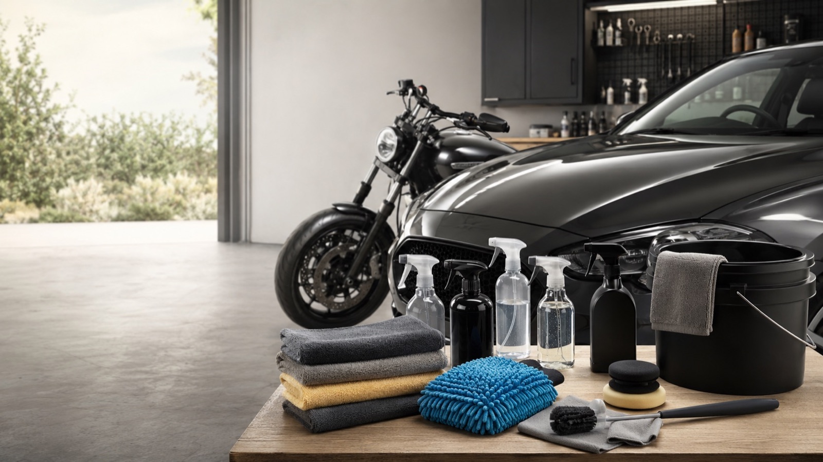 Car and motorbike care products arranged with detailing tools in a clean garage