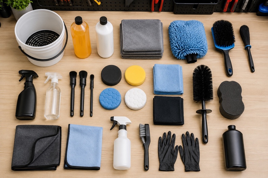 Car and motorbike care products grouped by cleaning, paint, interior, wheel, tyre, glass, and mechanical tasks