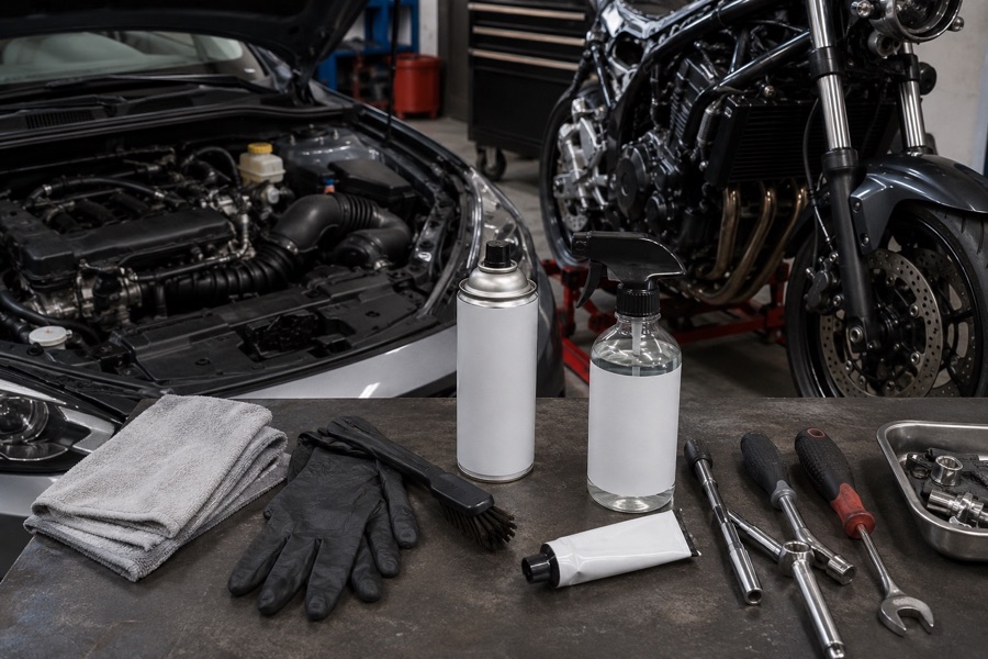 Engine bay and motorbike maintenance area with gloves, cleaner, brushes, sealant, and workshop tools