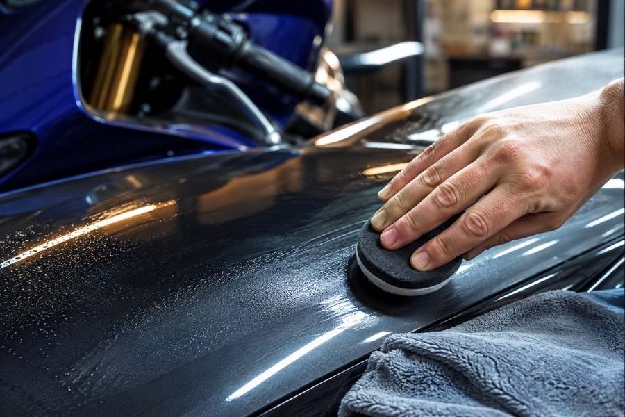 Wax or sealant being applied to a glossy vehicle paint panel with a microfibre towel nearby