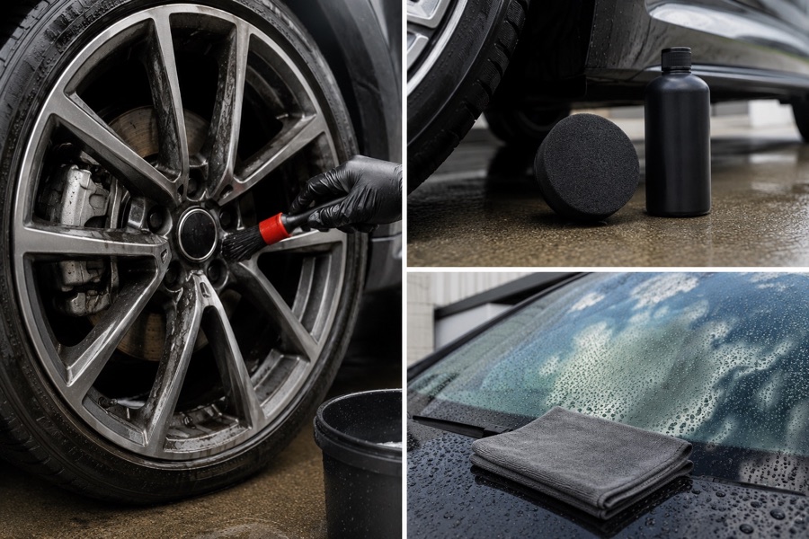 Wheel brush, tyre dressing applicator, and glass cloth used for car and motorbike care