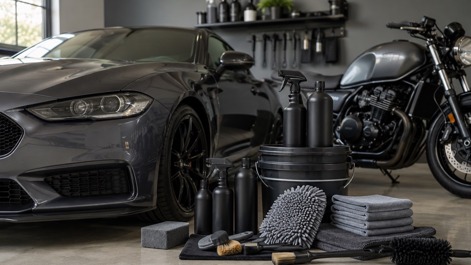 Car and motorbike cleaning kit arranged in a tidy garage with cloths, brushes, bottles, bucket, and wash mitt