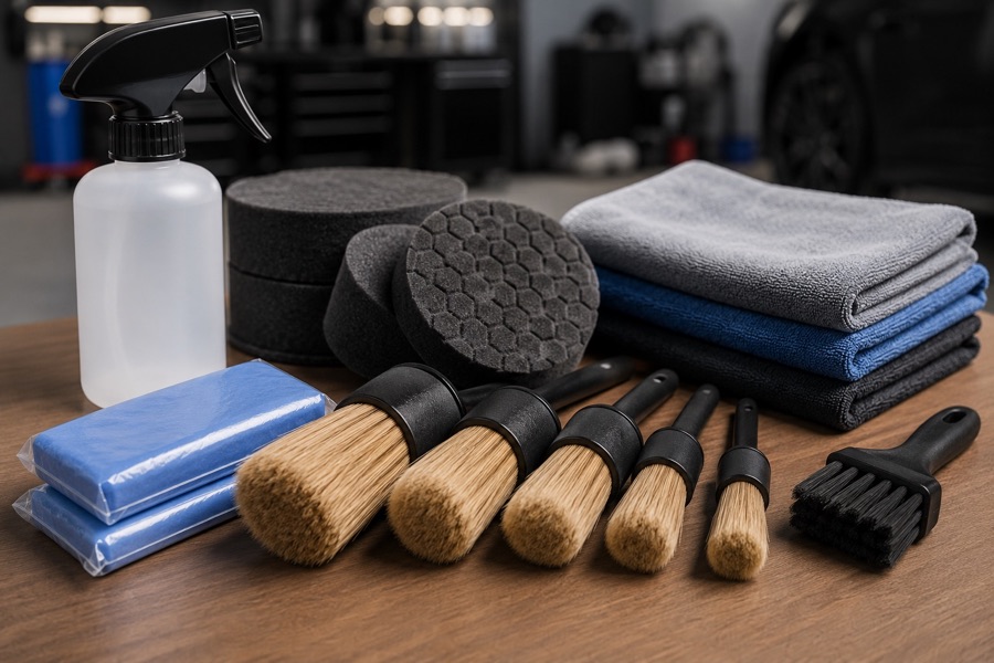Detailing brushes, clay bars, applicator pads, and microfibre cloths arranged for close vehicle cleaning work
