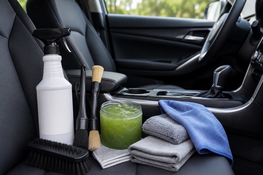 Interior vehicle cleaning kit with vent brushes, gel, cloths, and dashboard-safe accessories on a car seat