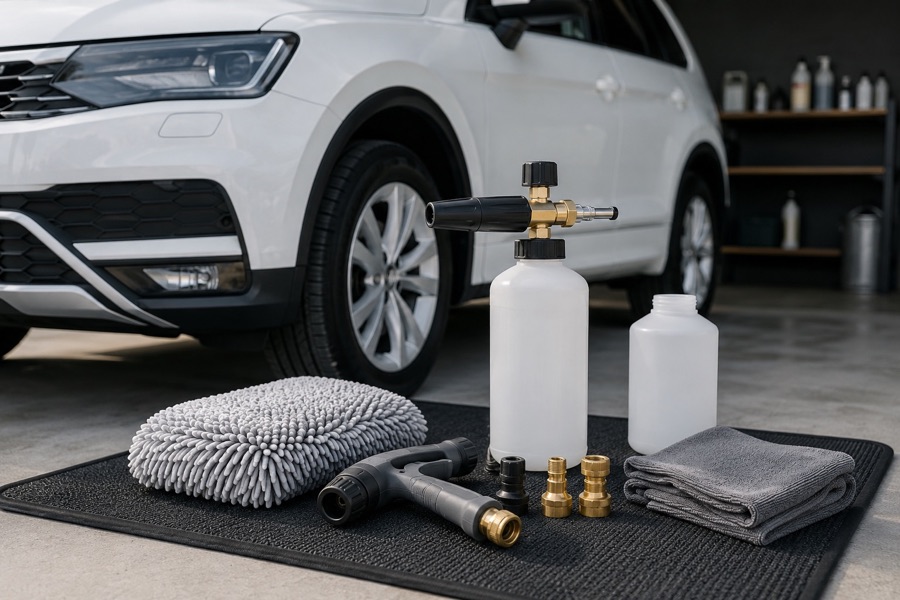 Foam cannon, hose sprayer, blank snow foam bottle, wash mitt, and microfibre towel arranged beside a clean vehicle