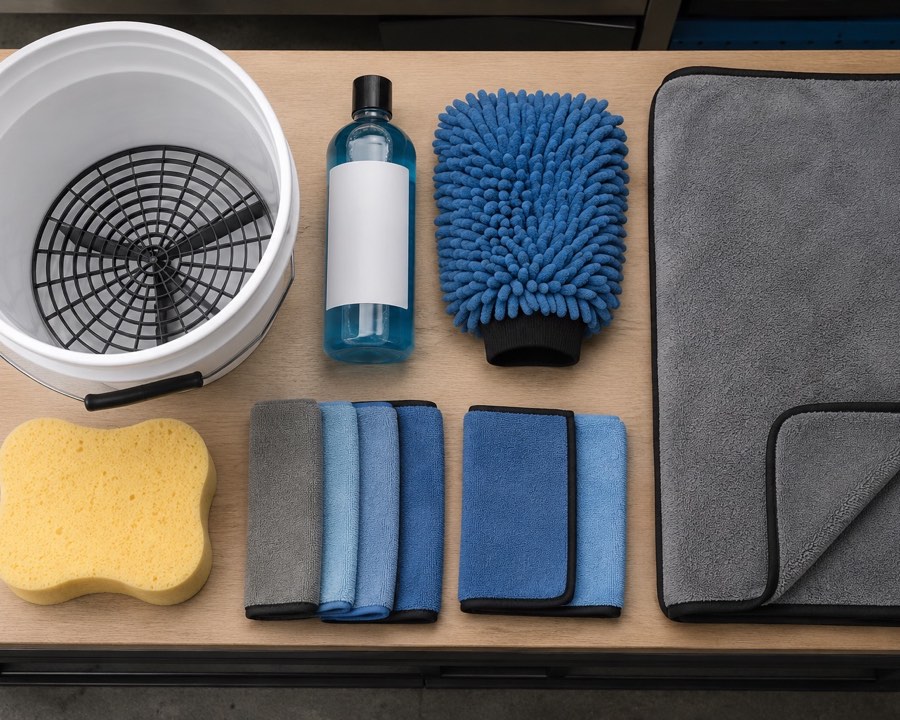 Car wash kit with bucket, shampoo bottle, wash mitt, drying towel, sponge, and microfibre cloths arranged on a clean bench