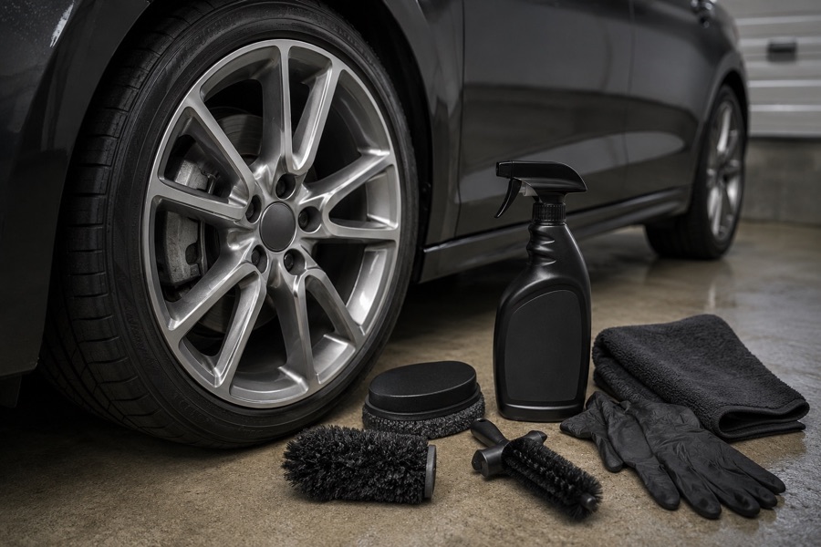 Wheel and tyre cleaning kit with rim brush, tyre applicator, cloths, and blank-label cleaner beside a clean alloy wheel