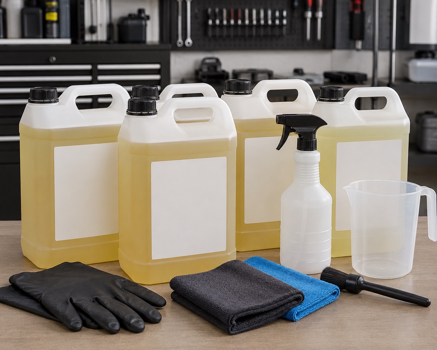 Large blank-label 5 litre degreaser containers with sprayer, gloves, cloths, and measuring jug on a workshop bench