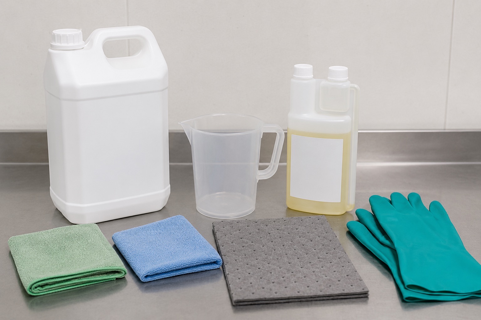 Concentrated 5 litre degreaser container with plain measuring jug, dilution bottle, gloves, and workshop cloths