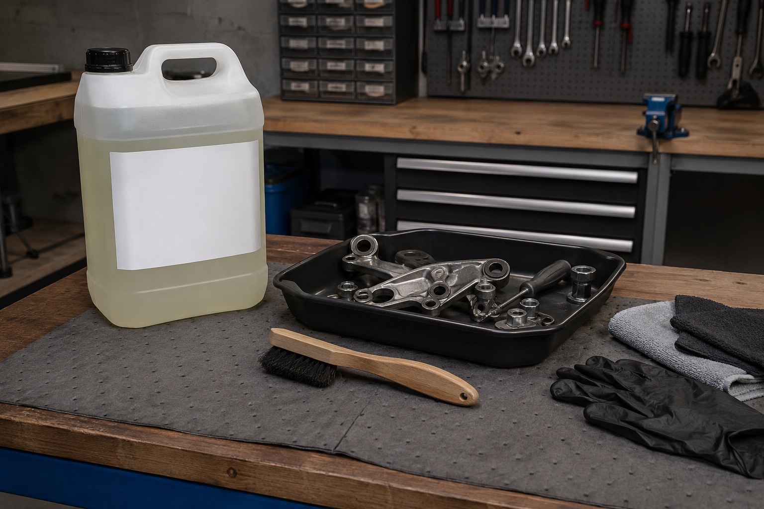 Workshop bench with 5 litre degreaser container, removed metal parts, tray, brush, gloves, and absorbent mat