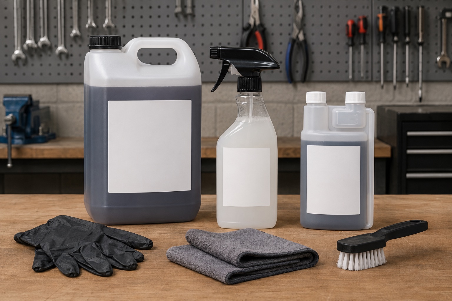Blank-label concentrated degreaser container beside ready-to-use spray bottle, gloves, cloths, and brush in a workshop