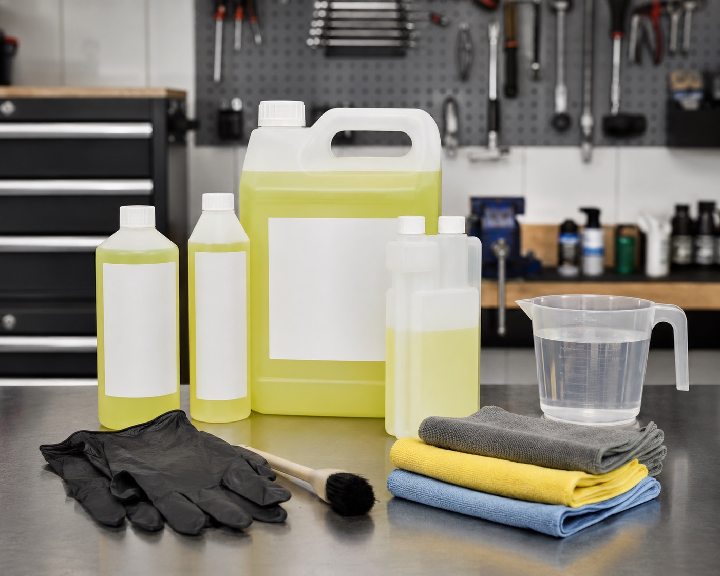 Concentrated degreaser bottles, dilution bottle, measuring jug, gloves, cloths, and brush arranged on a workshop bench