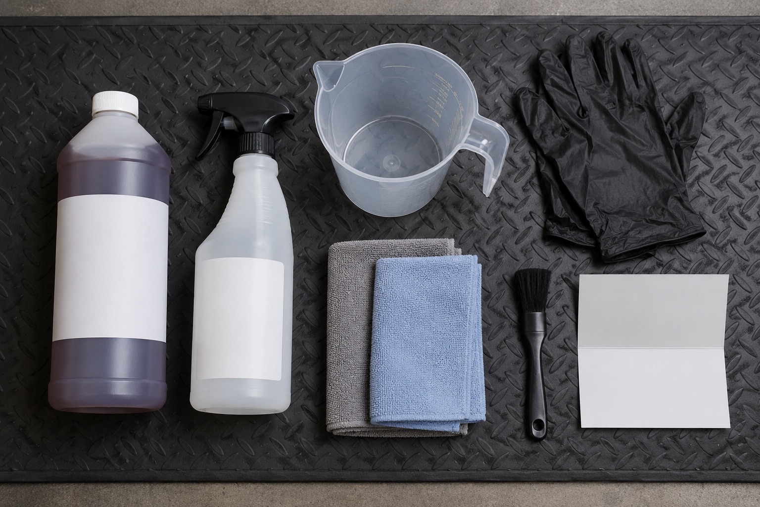 Degreaser concentrate, blank dilution bottle, measuring jug, gloves, and cloths arranged for label-guided mixing checks