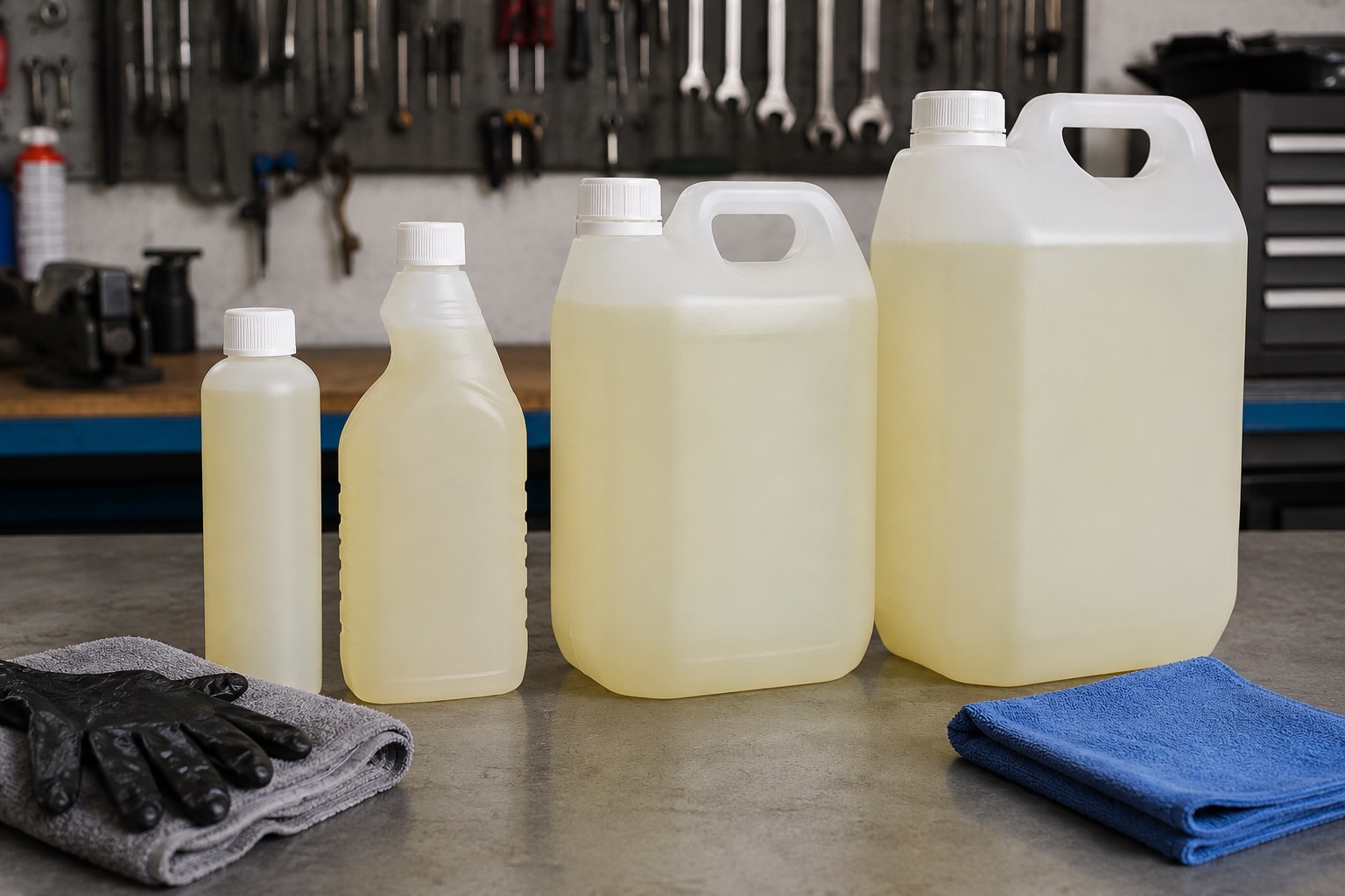 Different sizes of blank-label concentrated degreaser containers arranged for pack size comparison on a workshop bench