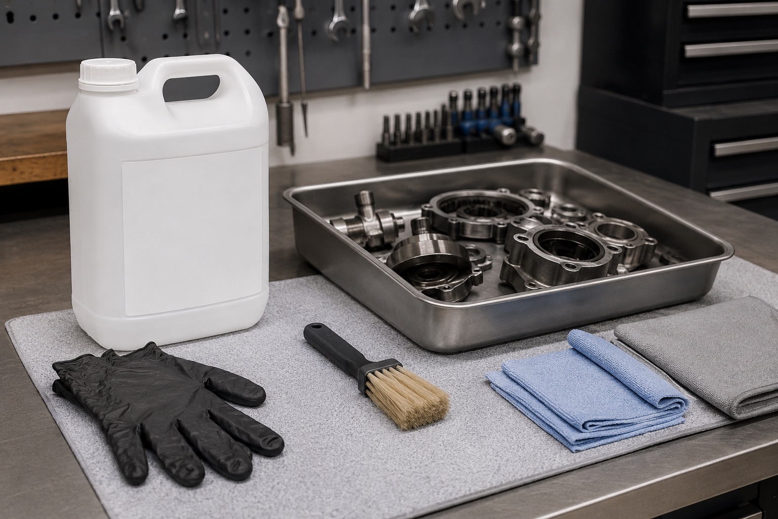 Concentrated degreaser container, gloves, brush, cloths, and removed metal parts beside a clean parts tray