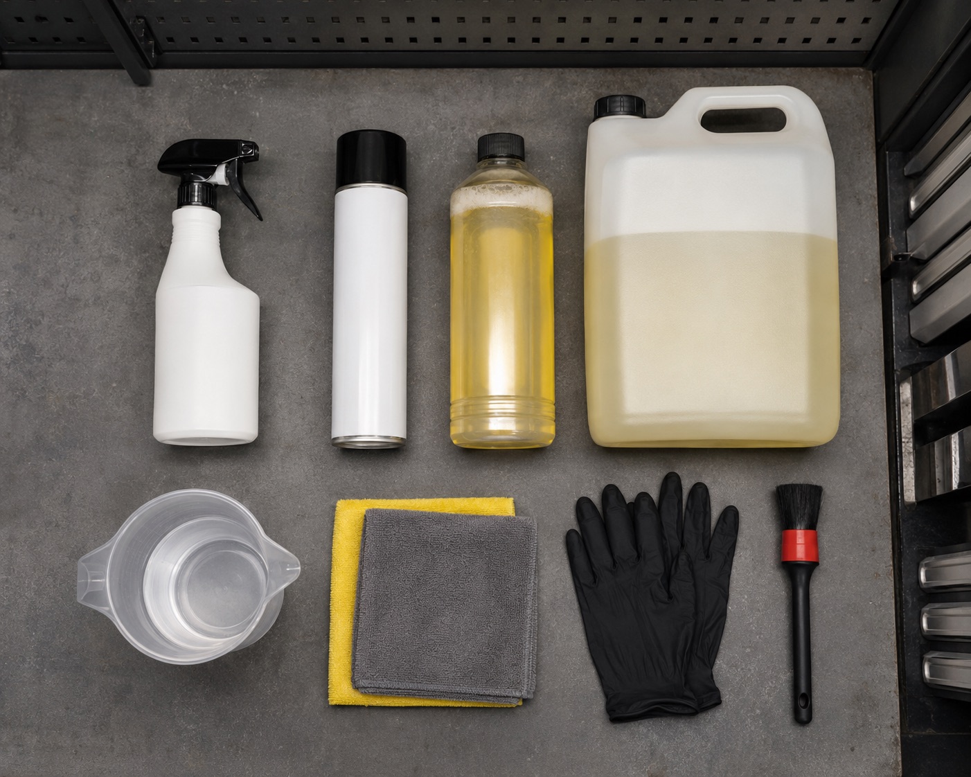 Degreaser sprays, liquid bottles, concentrate, cloths, gloves, and brushes arranged by product format on a clean bench