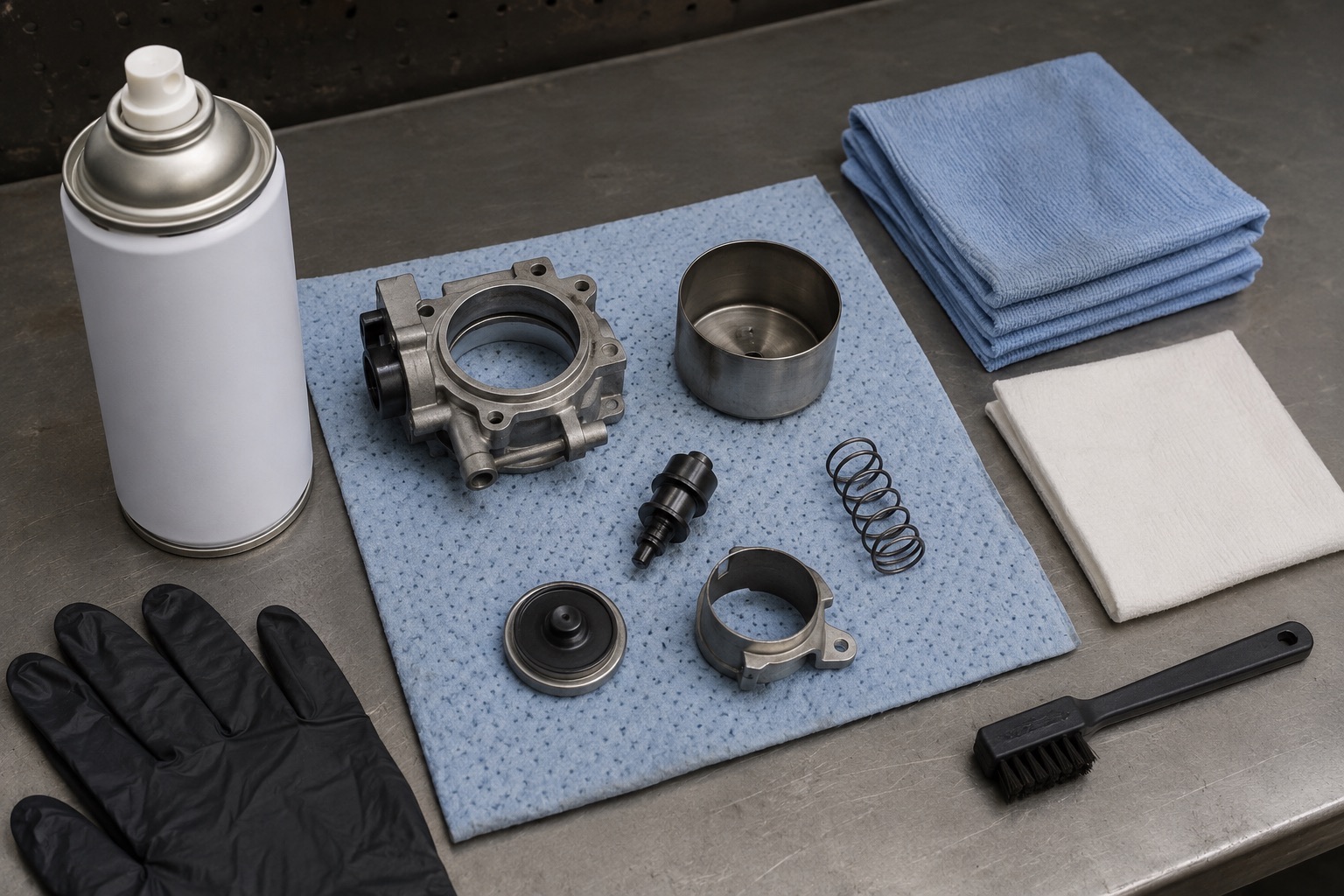 Blank-label aerosol degreaser can with workshop cloths, gloves and removed metal parts on a clean bench