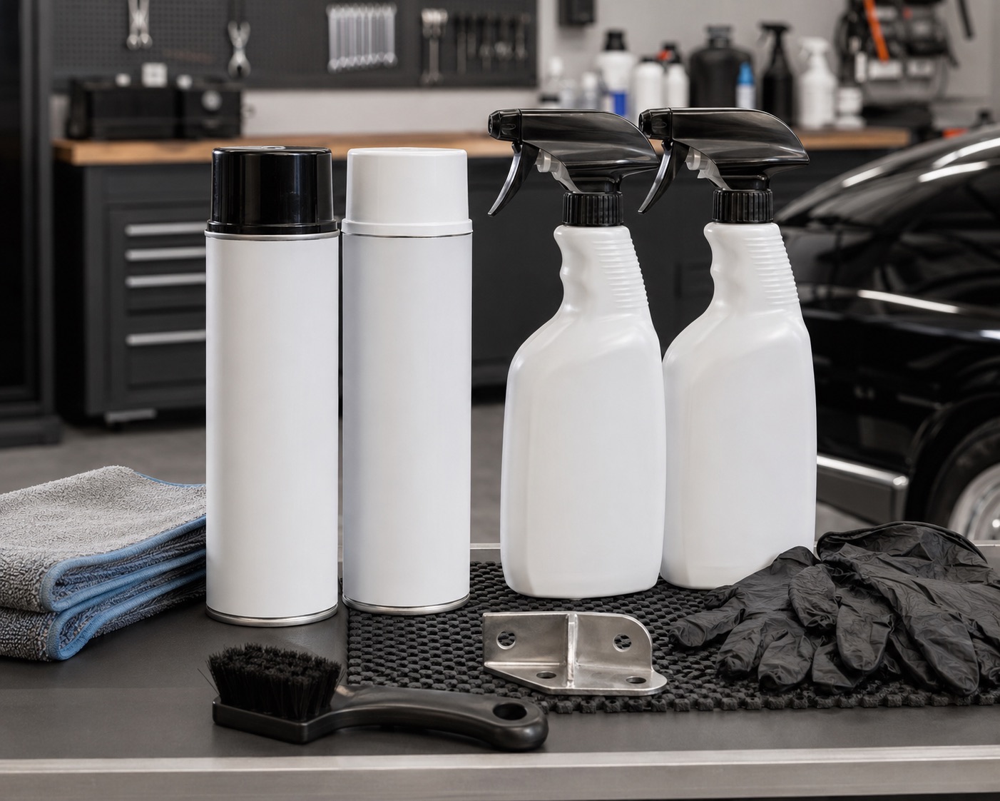 Degreaser aerosol cans and trigger spray bottles with gloves, cloths and brushes on a workshop bench