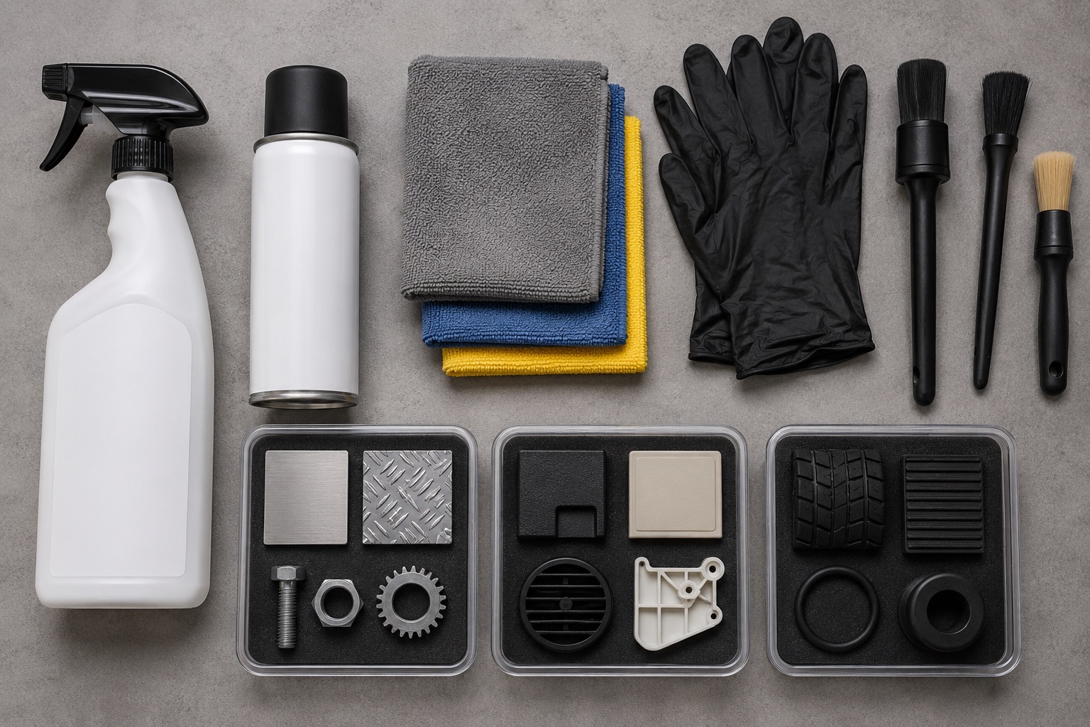 Degreaser spray formats arranged with brushes, cloths and protected sample parts for compatibility checks