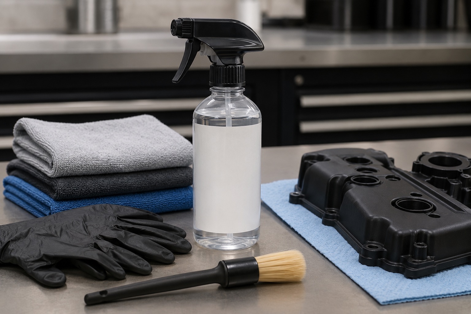 Blank-label trigger degreaser bottle with cloths, gloves and detailing brush arranged for controlled cleaning