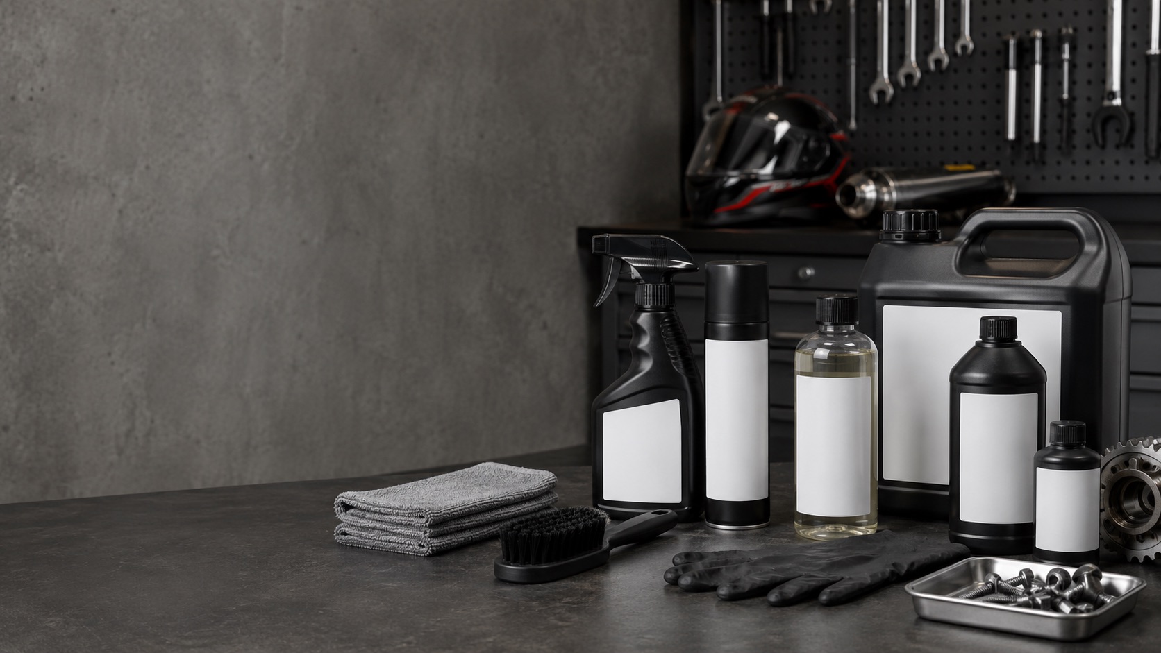 Car and motorbike degreaser products arranged with gloves, cloths, brushes, tools, and clean vehicle parts on a workshop bench