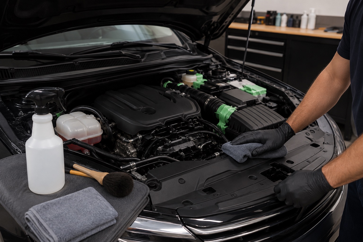 Blank-label degreaser bottle, cloths, brush, gloves, and cool engine bay area prepared for careful cleaning