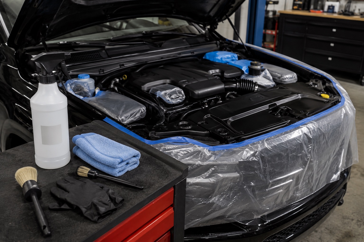 Controlled engine bay cleaning setup with blank-label degreaser bottle, cloths, brushes, gloves and protected surrounding components