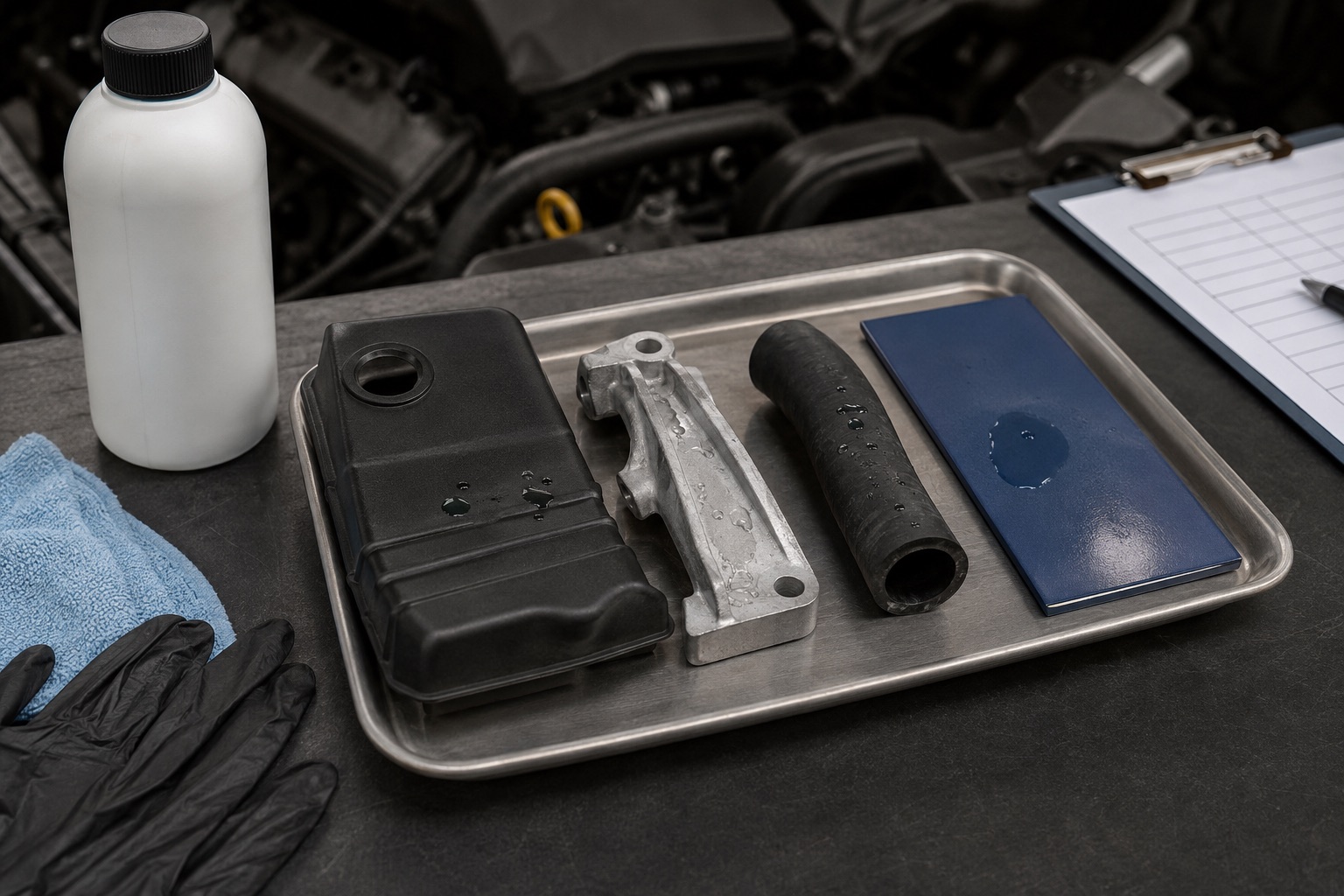 Engine bay surface check setup with plastic cover, metal bracket, rubber hose sample, gloves and blank-label degreaser bottle