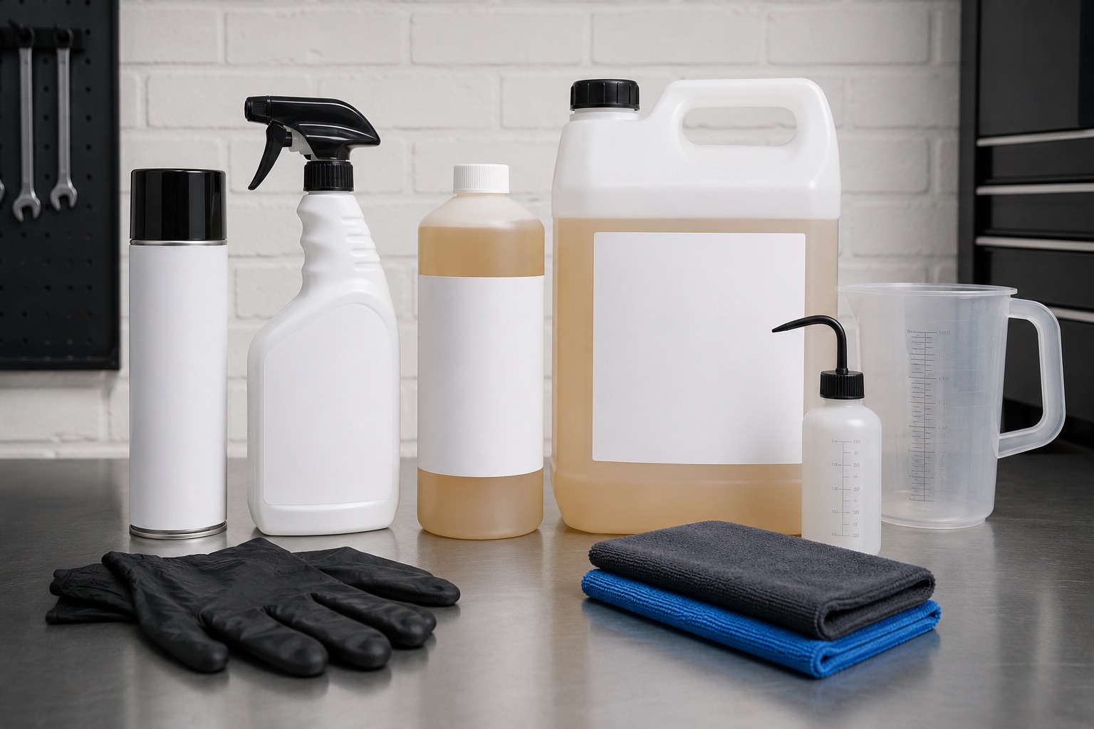 Engine degreaser pack sizes including spray bottle, aerosol can and larger blank-label container arranged with cloths and measuring jug