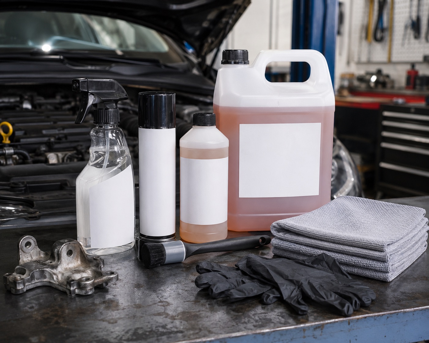 Engine degreaser sprays, aerosols, concentrate bottles, brushes, gloves, and cloths arranged for engine bay cleaning