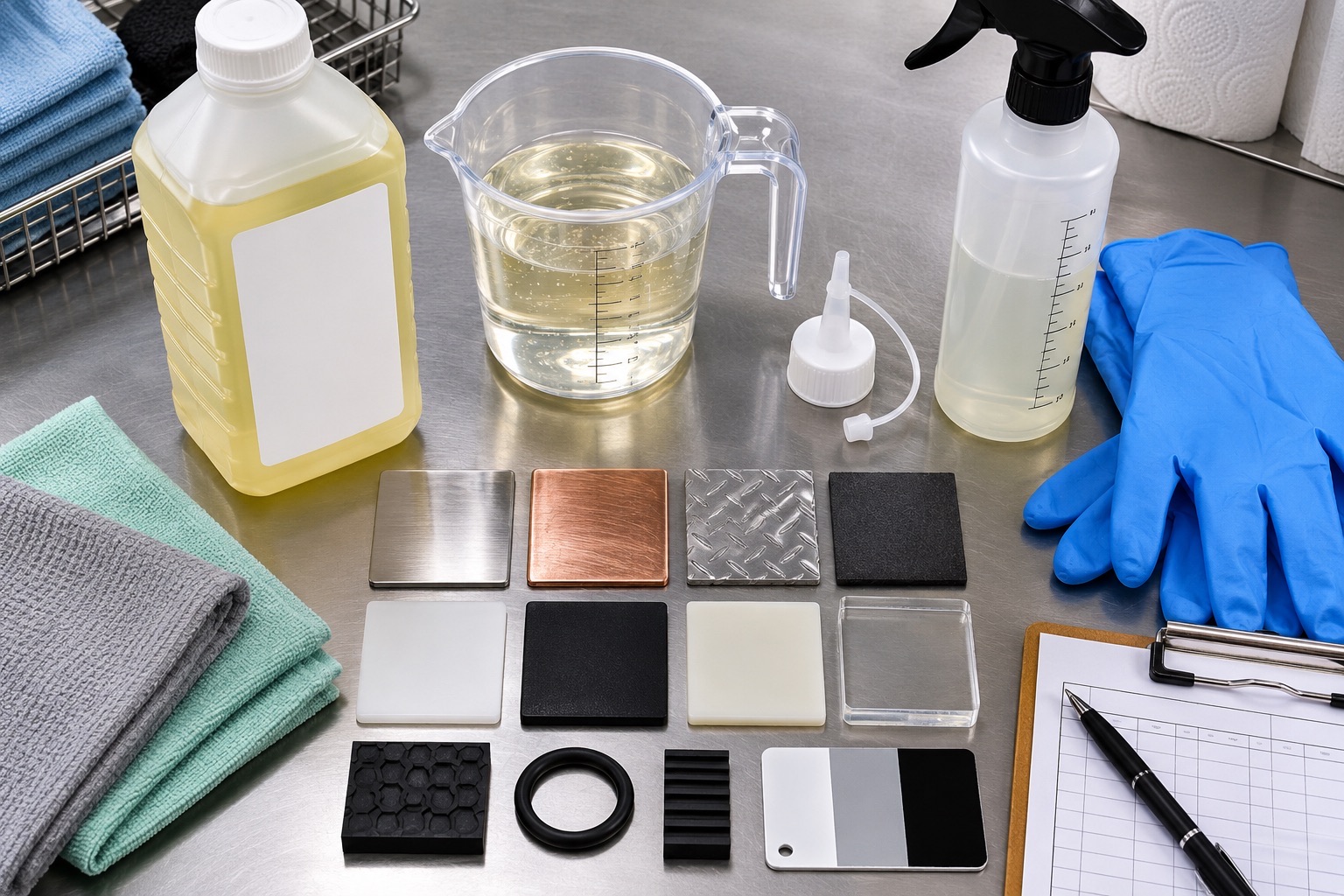 Heavy duty degreaser container, measuring jug, gloves, and surface test materials arranged for dilution and compatibility checks