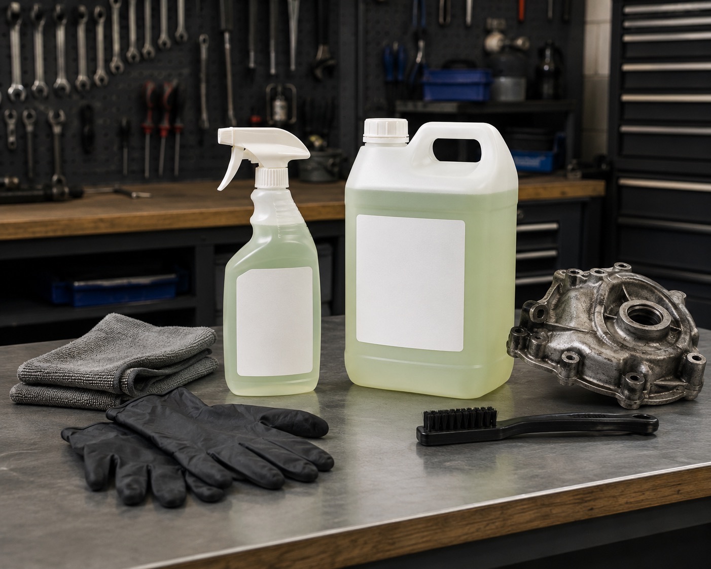Heavy duty degreaser bottles with gloves, cloths, brush, and workshop cleaning items arranged on a clean bench